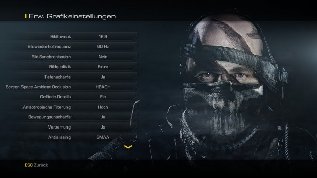 Das Grafikmenü von CoD Ghosts - nicht im Bild sind die Textureinstellungen. (Screenshot: Marc Sauter/Golem.de)